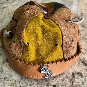 Vintage Child Leather Suede Souvenir Beanie Medium-  w/Charms  Bell Money Sign